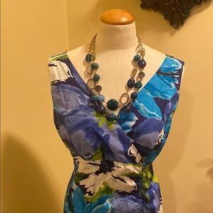 Floral Blue and Green Dress with Necklace
